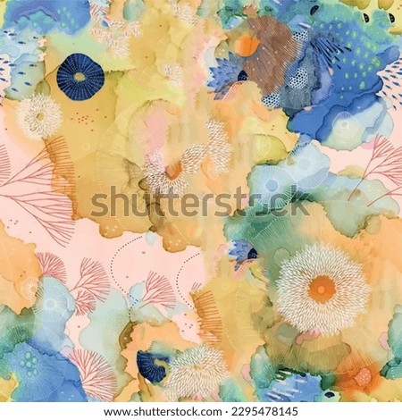 Seamless marble pattern with yellow and blue floral background elements. Abstract marbling art design with watercolor texture Royalty-Free Stock Photo #2295478145