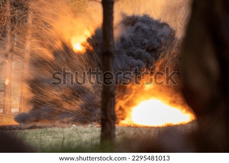 U.S. Army paratroopers assigned to Castle Company, 54th Brigade Engineer Battalion, 173rd Airborne Brigade, detonate explosives during squad live-fire and tactical movement training at Poček Range in  Royalty-Free Stock Photo #2295481013