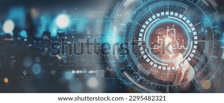Smart city concept. Utilizing digital infrastructure to create efficient and sustainable solutions for transportation, energy, waste management, communication, other servicee by using data analytics. Royalty-Free Stock Photo #2295482321