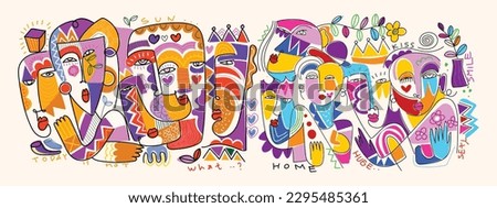 Set of abstract face people colorful decorative line art vector illustration.