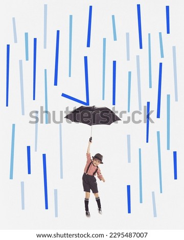 Rainy autumn weather. Contemporary art collage with little boy wearing retro suit levitating with umbrella under the rain. Concept of childhood, art, imagination, creativity, emotions, seasonality, ad