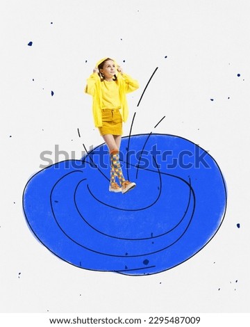 Contemporary art collage with one little pretty girl wearing yellow raincoat walking in the huge puddle over white background. Concept of childhood, art, imagination, international children's day