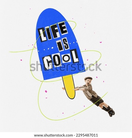 Life is cool. Contemporary art collage with cute, funny boy wearing vintage clothes levitating with huge ice cream over white background. Concept of childhood, art, imagination, creativity, emotions
