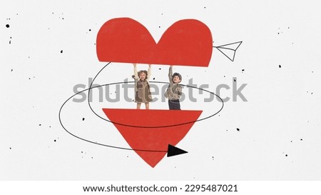 Valentine's day. Contemporary art collage with little cute children, boy and girl holding big red heart and smiling on white background with pencil drawings. Love, childhood, art, imagination concept