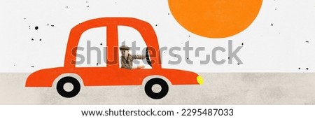 Contemporary art collage with little cute boy sitting in imaginary car and riding over white background with pencil drawings. Banner. Concept of childhood, art, imagination, creativity, travel