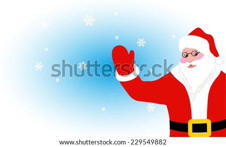 cheerful Santa Claus greets on the background of snowflakes