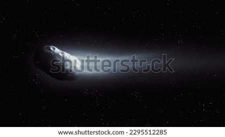 Close-up of the comet's nucleus. Cometary gas and dust tail. Surface of a celestial body under the light of the sun. Royalty-Free Stock Photo #2295512285