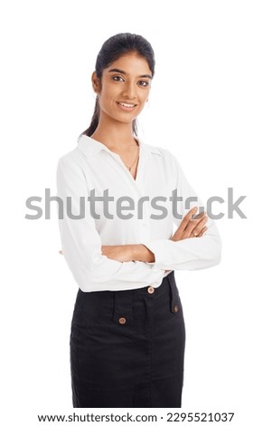 Cheerful hand crossed Indian young business woman isolated on white.