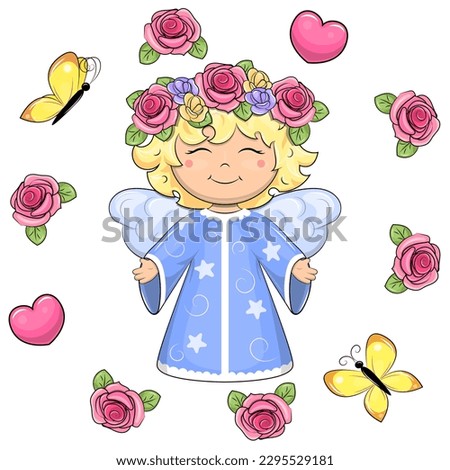 A cute cartoon angel in a flower wreath stands in a rose frame with pink hearts and yellow butterflies. Vector illustration isolated on white background.