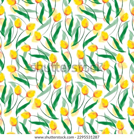 Hand drawn watercolor yellow abstract tulips seamless pattern on white background. Can be used for Gift-wrapping, textile, fabric, wallpaper