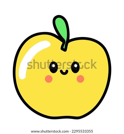 Cute kawaii yellow apple. Funny fruit with eyes and mouth. Emoticon, Food emoji. Healthy vegetarian character vector cartoon flat illustration isolated on white background