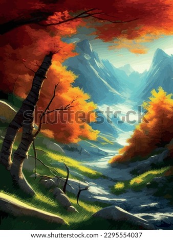 Colorful autumn landscape. Autumn season with red majestic mountains. Beautiful outdoor landscape painting. Scenic view nature with trees pines. Colorful pastel painting foggy day vector illustration