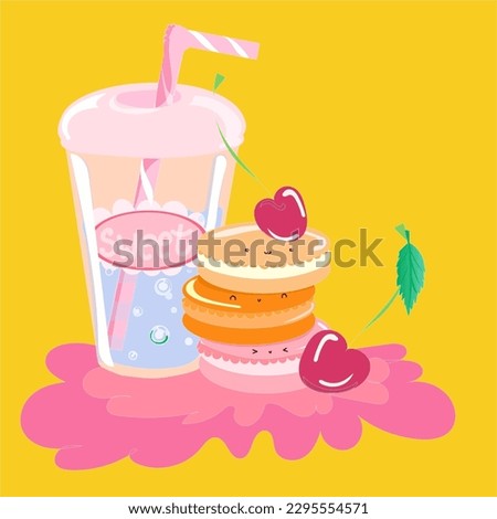 Sweet dessert macaroons with juice bubbles. Yellow pink card vector 