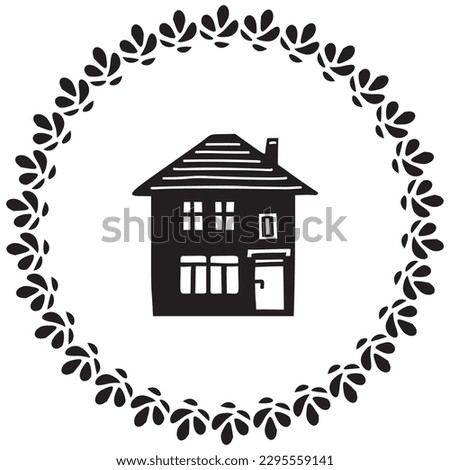 Cute rustic cottage motif in vintage style frame. Vector illustration of whimsical rural country house. 