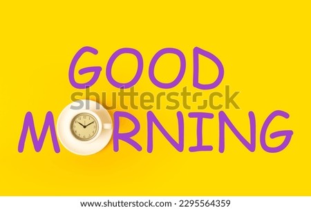 Good morning coffee and alarm clock concept on bright colored background.Top view.Good morning concept. Invigorating hot espresso.