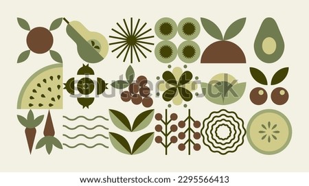 Geometric food pattern. Abstract natural banner, natural organic fruit plant simple shapes. Vector minimal illustration