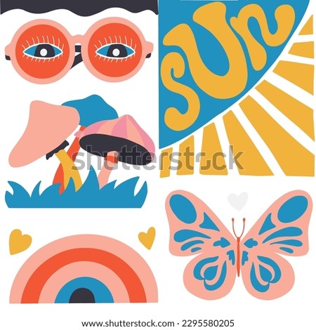 Groovy style banner with glasses, sun, butterfly, rainbow and mushrooms. Vector illustration