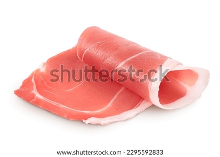 Italian prosciutto crudo or spanish jamon. Raw ham isolated on white background with full depth of field. Royalty-Free Stock Photo #2295592833