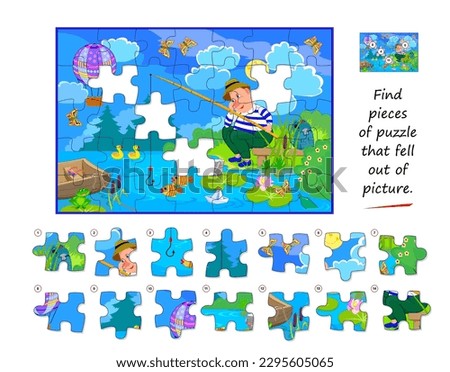 Logic game for children and adults. Find pieces of puzzle that fell out of picture. Page for kids brain teaser book. Task for attentiveness. Developing spatial thinking. Play online. Vector image. Royalty-Free Stock Photo #2295605065