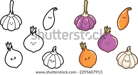 "Set of happy, cute and funny vegetables" (garlic, fresh garlic, onion, red onion, shallot) Outlines-contours - illustration for coloring books, kawaii veggies collection Royalty-Free Stock Photo #2295607913