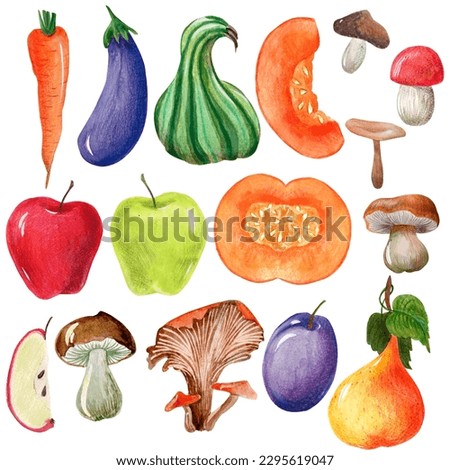autumn clip-art watercolor with vegetables and fruits. plum, apple, pear, pumpkin, carrot, mushrooms, basket