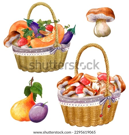 autumn clip-art watercolor with vegetables and fruits. plum, apple, pear, pumpkin, carrot, mushrooms, basket