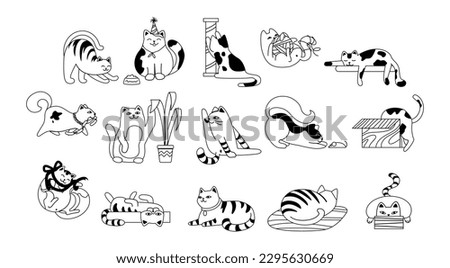 Cats black and white set. Collection of stickers for social networks. Pets with plant, scratching post and ball, playful animals. Cartoon flat vector illustrations isolated on white background