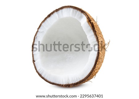 Coconut. Fresh half cracked coconut. Nut good for shredded coconut. Palm trees oil for cooking. Do a coconut milk for drinking. Food photography. White isolated background. High resolution photo