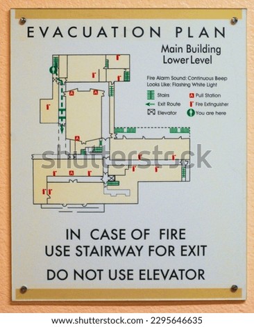 Generic classic school office building evacuation plan signage. High quality photo