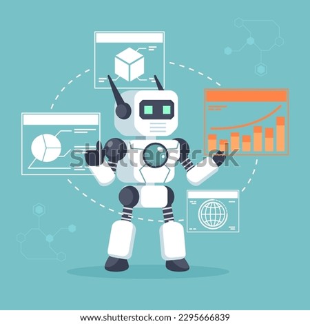 Robot Artificial intelligence working with virtual interface. Ai chatbot help service for business data. Vector illustration flat design for banner, poster, and background.
