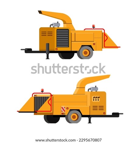 Mounted on the wheels tree chipper. Trailer mount wood chipper with drawbar. Yellow wood chipper for chipping felled trees and brunches after tree trimming. Front and back side view. Vector clip art o