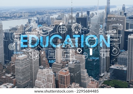 Aerial panoramic city view of Time Square area, Manhattan West Side and the Hudson River, New York city, USA. Technologies and education concept. Academic research, top ranking university, hologram