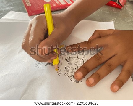 Comfortable Cartoon House Symbol Image . Little boy drawing coloring
