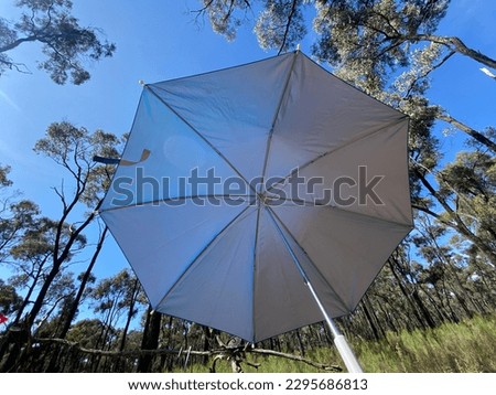 Blue underside of umbrella during summer holiday with blue sky and trees Royalty-Free Stock Photo #2295686813