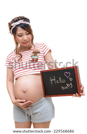 Pregnant woman with black board