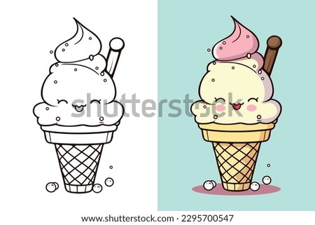 Cute Ice Cream Cartoon line art vector Icon illustration, Food drink Flat Cartoon Concept Pro Vector, Ice Cream Cartoon, cone, cartoon ice cream, Cute Ice Cream logo