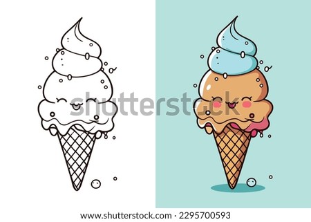 Cute Ice Cream Cartoon line art vector Icon illustration, Food drink Flat Cartoon Concept Pro Vector, Ice Cream Cartoon, cone, cartoon ice cream, Cute Ice Cream logo