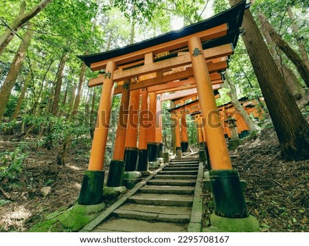 Dramatic view of red gates "Torii", Fushimi Inari Taisha Shrine in Kyoto in Japan, Chinese character in this picture means "dedication".