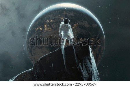 Astronaut looks into space from a high cliff on the moon. 5K realistic science fiction art. Elements of image provided by Nasa