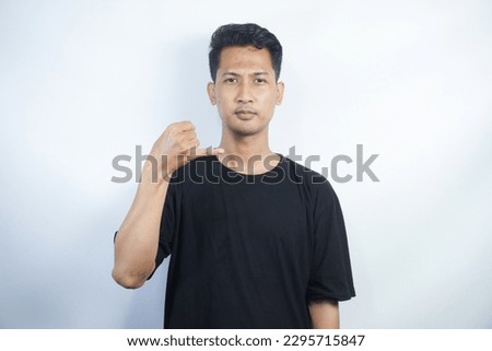 Man showing letter J isolated on white background, closeup. Finger spelling alphabet in American Sign Language. ASL concept