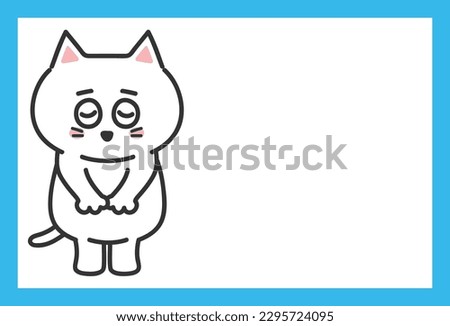 White cat apologizes for something or someone with copy space. Vector illustration isolated on white background.