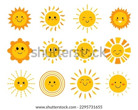 Vector set of funny suns with faces. Cute summer sunshine emoji. Collection of yellow childish sunny emoticons. Smiling baby sun with sunbeams.