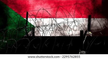 Combination of flag of Sudan and barbed wire. Describes Sudan as in a state of war. Sudanese Civil War. Basemap and background concept. Double exposure hologram. Royalty-Free Stock Photo #2295762855