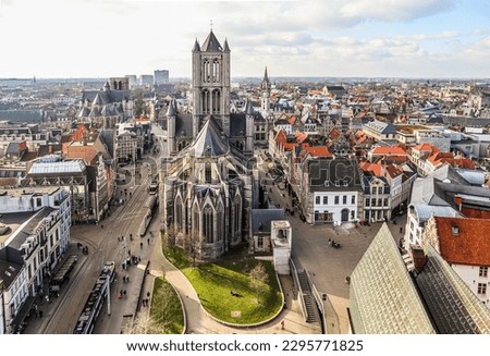 View from Belfort tower with St. Nicholas Church, Ghent, Belgium. March 2023. High quality photo