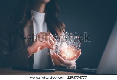Businesswoman holding circle global network connection. Customer network technology. Customer service, Social, Digital marketing online, Customer Relationship Management, Data exchanges development.  Royalty-Free Stock Photo #2295774777