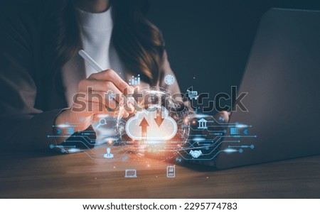 Business woman using virtual cloud computing network and icon connection data information. Cloud for sharing download upload knowledge technology information, communication, internet service, big data Royalty-Free Stock Photo #2295774783