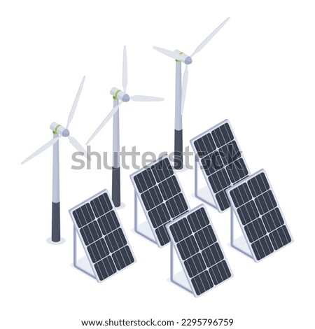 Isometric solar panels and windmills. Renewable energy sources, alternative eco green energy. Solar battery panels isolated 3d vector illustration Royalty-Free Stock Photo #2295796759