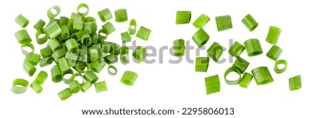 Chopped fresh green onions isolated on white background. Top view Royalty-Free Stock Photo #2295806013