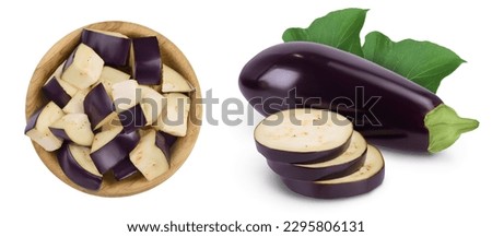Eggplant or aubergine diced in wooden bowl isolated on white background with full depth of field. Top view. Flat lay. Royalty-Free Stock Photo #2295806131