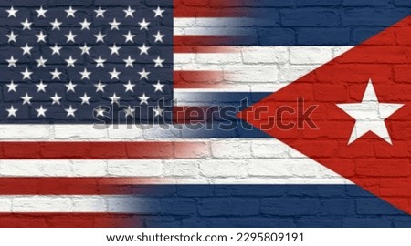 Brick wall painted with America Vs Cuba flag, Relationship between USA and Cuba, US Vs Cuba flag on brick wall 